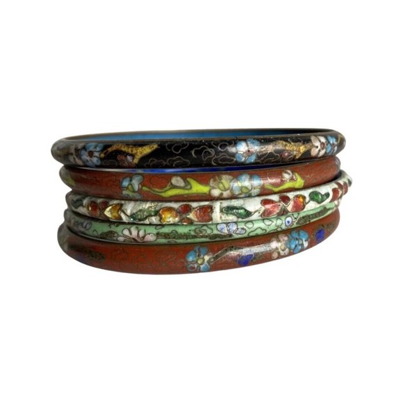 Set of 5 Floral Enamel Cloisonné Bangle Bracelets Estate Jewelry - Picture 2 of 9